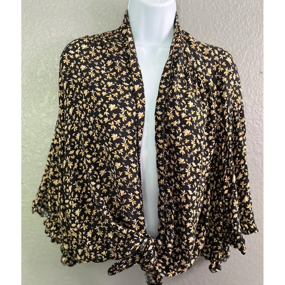 Free People Blouse Sz L Marigold Floral Front Tie Boho Black Yellow Loose Hippie